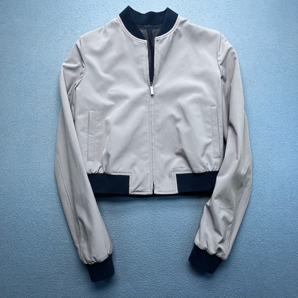 Christopher Cuozzo Bomber Jacket Womens Small Gray Navy Blue Cropped Mesh Lined